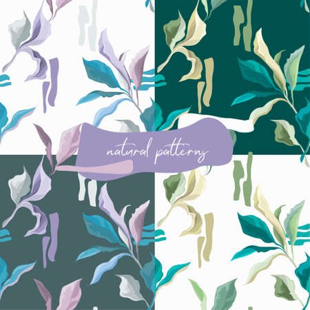 Set of seamless patterns with elegant creative leaves, dusty green and lavender colors, vector illustrationsのイラスト素材