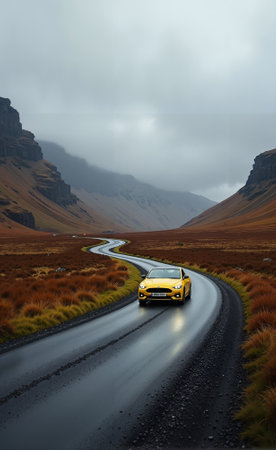 An yellow luxury car drives by the fantastic nordic landscapeの素材