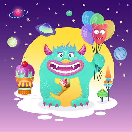 Happy cute monster stands with balloons and ice cream in outer spaceのイラスト素材