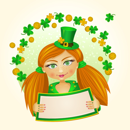 Red girl dressed like leprechaun holding a banner in her hands with clover leafs and coins over her headのイラスト素材