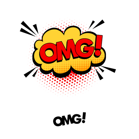Comic speech bubble with emotional text OMG!. Vector bright dynamic cartoon illustration in retro pop art style isolated on white background.のイラスト素材