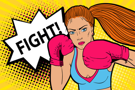  Sexy aggressive woman boxer in boxing mittens ready to fight. Vector hand-drawn colorful  background in pop art retro comic style.のイラスト素材
