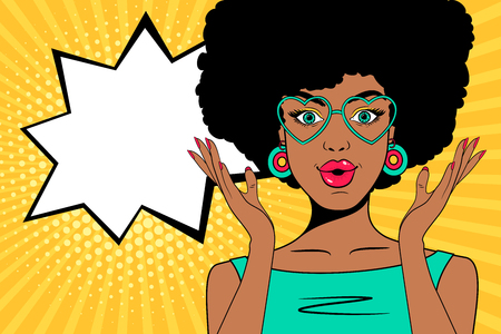 Wow pop art face. Sexy surprised african woman with open mouth, glasses in form of heart and speech bubble. Vector colorful background in pop art retro comic style.のイラスト素材
