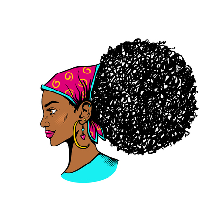 Afro american female face. Sexy young black woman profile with afro hairstyle in big earrings and kerchief on head. Vector bright illustration in pop art retro comic style isolated on white background.のイラスト素材