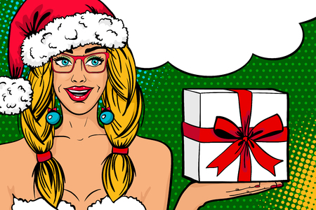 Pop art face. Sexy blonde woman in glasses and Santa Claus hat holding gift in her hands looking to the side, smiling and speech bubble. Vector Christmas background in pop art retro comic style.のイラスト素材