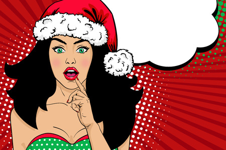 Sexy surprised woman in red Santa Claus hat with open mouth and speech bubble.のイラスト素材
