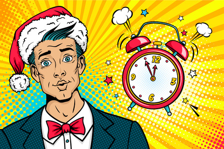 Christmas pop art face. Surprised young man in Santa Claus hat, suit and bow tie and  bright makeup and alarm clock ringing. Vector illustration in retro comic style. New year party invitation poster.のイラスト素材