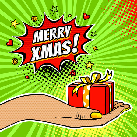 Pop art background with female hand holding a gift and Merry Christmas dynamic expression speech bubble with stars and hearts on halftone background. Vector bright illustration in retro comic style.のイラスト素材