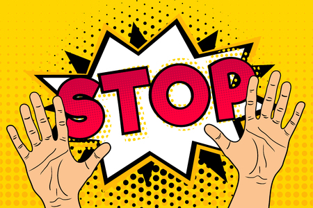 Pop art background with male hands speech bubble and stop lettering. Retro comic vector illustration.のイラスト素材