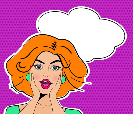 Young attractive surprised red girl face with open mouth. Comic woman with speech bubble. Vector illustration wow face in pop art style.のイラスト素材