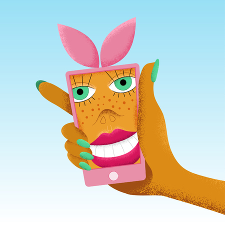 Pink smartphone with bunny ears holding in woman hand. Cartoon smiling woman selfie. Vector illustration.のイラスト素材