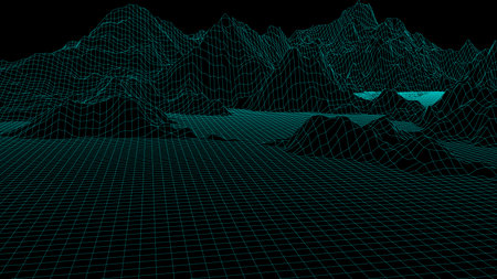 Landscape design of mountains. Wireframe landscape 3d. Vector illustration.