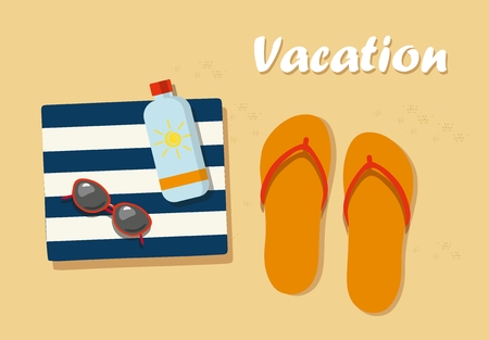 Vacation. Flipflops in the sand with towel, sunglasses and cream from tanのイラスト素材