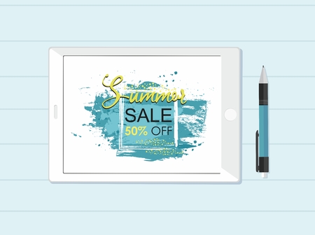 Notepad on the table with pen - Summer Sale. Grunge brush in square patternのイラスト素材