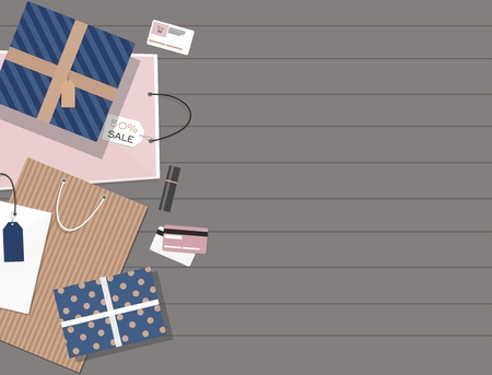 Shopping bags and others isolated on wooden background. Online shopping. Vector Illusrtationのイラスト素材