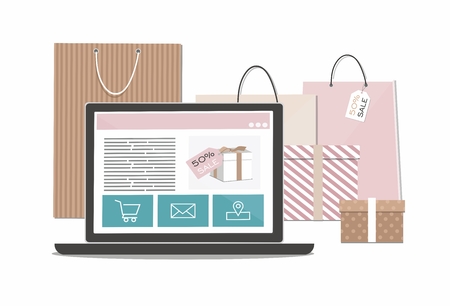 Group of shopping bags and box with laptop. Online shopping. Vector Illusrtationのイラスト素材