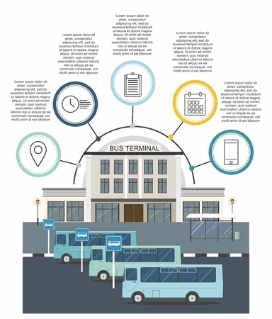 Buses at the bus terminal station. Transportation infographics flat vector illustration.のイラスト素材