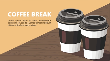 Two Paper cup of coffee on wooden table. Vector Illustrationのイラスト素材