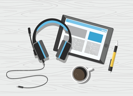 Acoustic headphones with tablet and coffee on white wooden background vector illustrationのイラスト素材