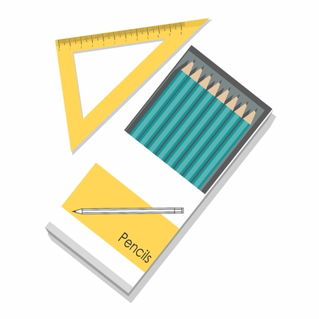 Pencils in a box and ruler, straightedge isolated on white background. Back to schoolのイラスト素材