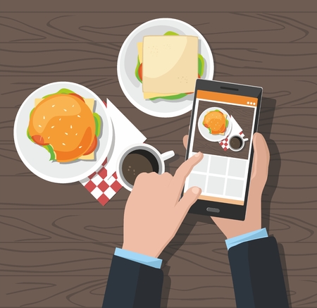 Mobile photography concept. Man taking photos of hamburger and cup of coffee on the smartphone. Vector Illustrationのイラスト素材