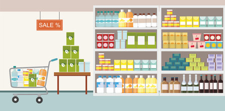 Supermarket interior with commodity product on shelf and shopping cart. Vector Illustrationのイラスト素材