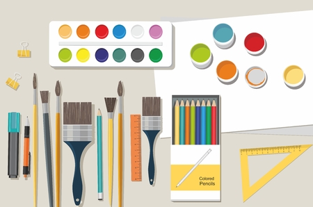 Hobby. Painting, Drawing Illustration. Paints, brushes, pencils. Back to schoolのイラスト素材