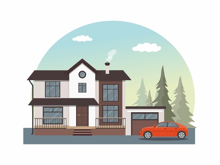 House facade. Modern cottage with red car. Vector illustration.のイラスト素材