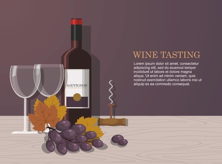 Bottle of red wine, grape and two glasses. Red wine tasting. Vector Illustrationのイラスト素材