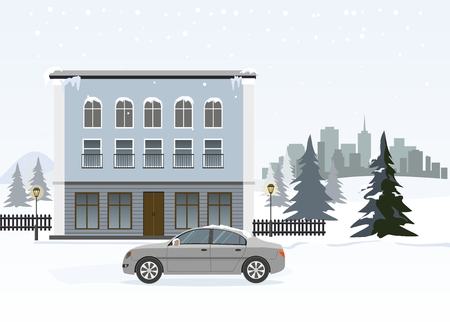 Modern cottage with gray car. Wintertime. Vector Illustrationのイラスト素材