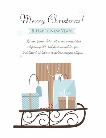 Christmas sleigh filled with gift boxes and shopping bags. Vector Illustration greeting cardのイラスト素材