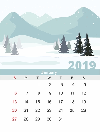 January calendar 2019. Mountain Winter landscape with fir forest. Vector Illustrationのイラスト素材