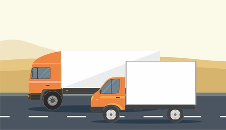 Orange Cargo Delivery Truck and van Isolated on in the desert Background. Vector Illustrationのイラスト素材