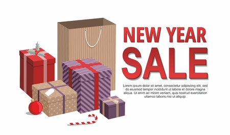 Gift boxes and shopping bags  on white background. New Year sale Vector Illustrationのイラスト素材