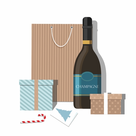 Christmas gifts, greeting card and champagne. Vector Illustrationのイラスト素材