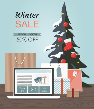 Winter sale Illustration with Christmas tree,  gift boxes and laptop. Spesial offer.のイラスト素材