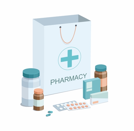 Recycled paper bag with medical equipment and pharmacy on white. 3D vector Illistrationのイラスト素材