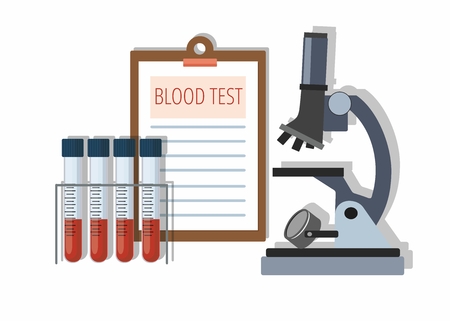 Medical test tubes with blood in holder, test results and Microscope on white. Vector Illustrationのイラスト素材