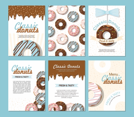 Set posters vector template with donuts. Sweet background. Advertising for bakery shop or cafe.のイラスト素材