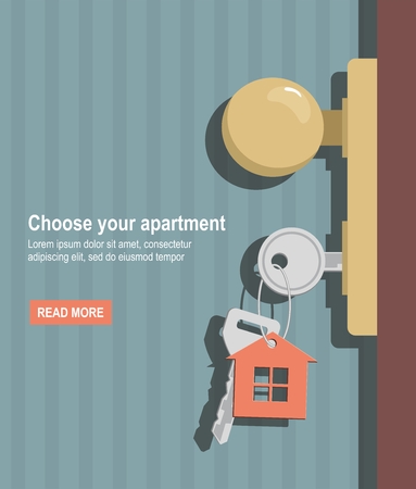 Open door with keys. Key with symbol of house. Home.Vector web bannerのイラスト素材