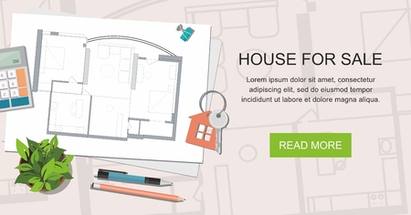 Construction project architect house plan with tools. Key with symbol of house. Construction background.  Web bannerのイラスト素材