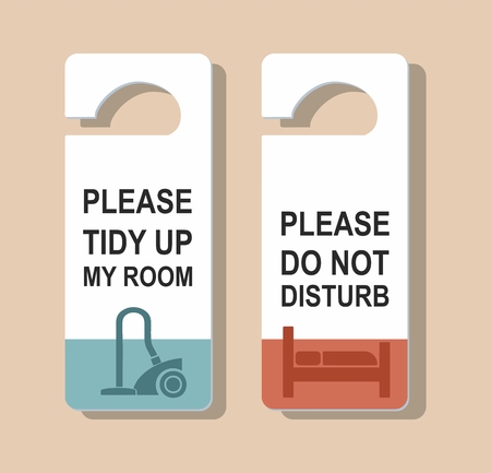 DO NOT DISTURB sign and PLEASE TIDY MY ROOM sign. Room cleaning. Vector Illustrationのイラスト素材
