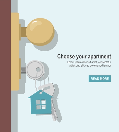 Classic wooden door, Metallic door handle and Key with symbol of house. Vector web bannerのイラスト素材