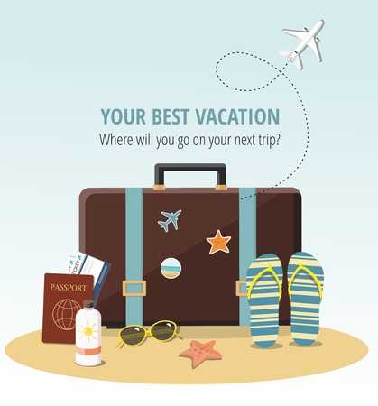 Travel concept Summer suitcase, Beach Accessories, passports and tickets on beach.  Vector illustrationのイラスト素材