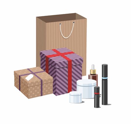 Make Up products and Skincare Packaging with craft wrapped gift boxes.のイラスト素材