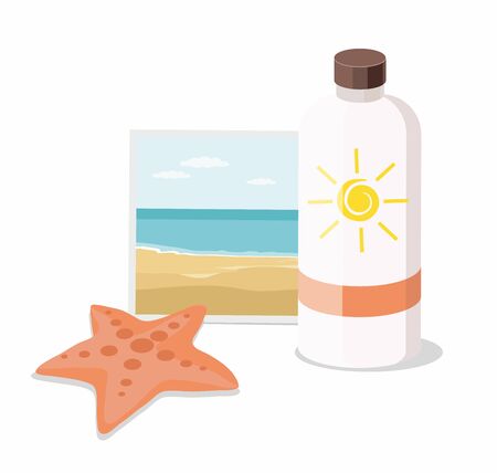 Bottle of sunscreen lotion, photo with  tropical beach, and starfish. Beach accessories and summer concept.のイラスト素材