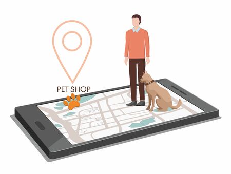 Man with a dog go to the pet store, gps navigator on phohe, isolated on whiteのイラスト素材