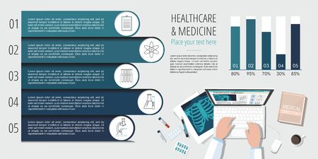 Doctor's table workplace. Medicine Infographics Information. View from the top.のイラスト素材