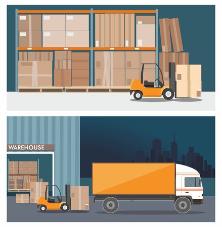 Forklift truck in warehouse building. Truck loading . Nighttime.のイラスト素材