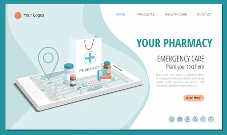 Paper bag with medical equipment and pharmacy on smartphone. Isometricのイラスト素材